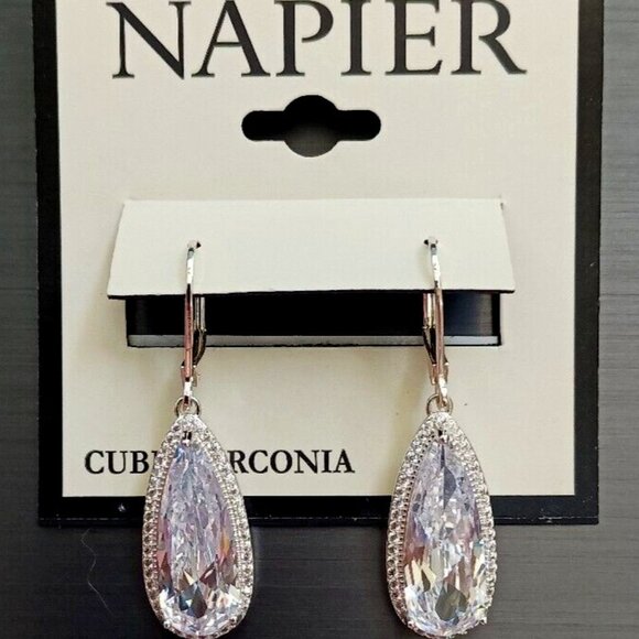 NAPIER Glamorous Silver Long Teardrop Clear CZ Stone Dangle Earrings**NEW! - Picture 1 of 5